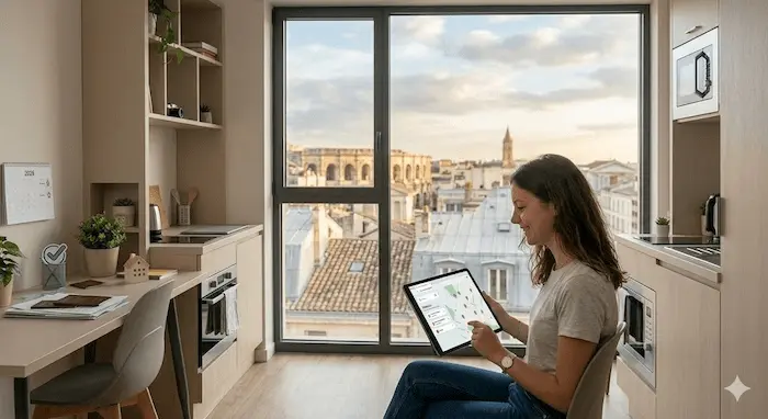 Sarah (blonde, souriante, même personnage cohérent), confortablement installée dans son studio meublé contemporain à Nîmes en 2026. Elle sourit doucement en regardant une tablette affichant une application residenceetudiante.fr (sans texte lisible), montrant des icônes de budget et de logement validés.