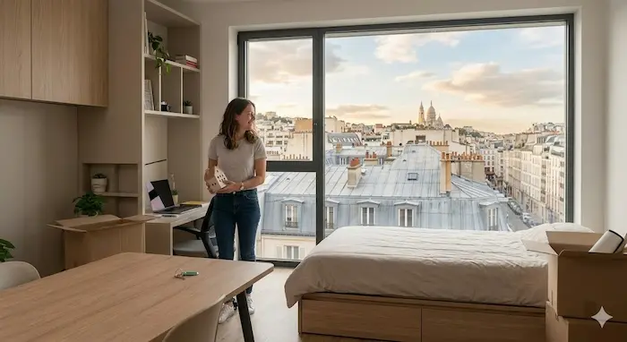 Sarah, la même étudiante souriante de l'Image 1, déballe ses affaires dans son studio meublé contemporain à Paris en 2026. Elle sourit en regardant par la fenêtre qui offre une vue panoramique époustouflante sur les toits de la ville, Montmartre et la distant Basilique du Sacré-Cœur à Montmartre sous un ciel clair et moderne.
