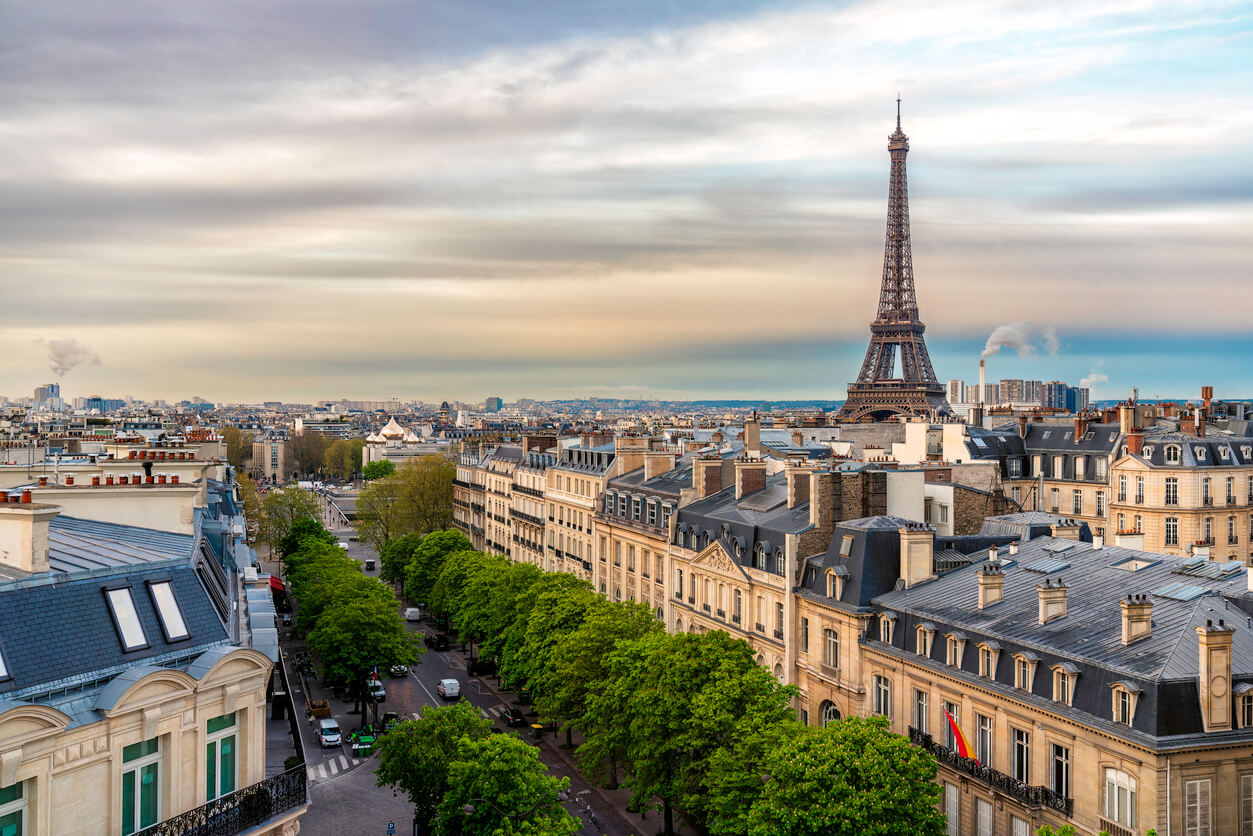 vue sur un beau quartier de Paris, rappelant le charme qui entoure un appartement étudiant Paris. On voit la tour Eiffel et le reste de la ville qui s'étendent au loin