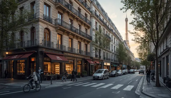 Vue extérieure d’une résidence étudiante moderne dans un quartier parisien proche des transports et des universités.