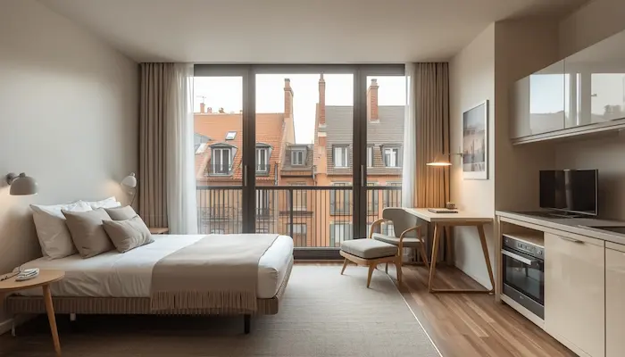 Intérieur d’un studio étudiant moderne à Toulouse avec lumière naturelle, bureau, lit, kitchenette et vue sur les toits en briques roses.